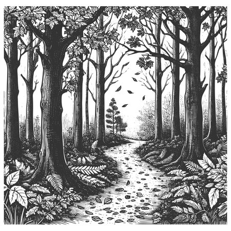 winding path through a dense forest with tall trees, ferns, and scattered leaves on the ground sketch engraving generative ai vector illustration. Scratch board imitation. Black and white image.の素材
