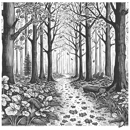 winding path through a dense forest with tall trees, ferns, and scattered leaves on the ground sketch engraving generative ai vector illustration. Scratch board imitation. Black and white image.の素材