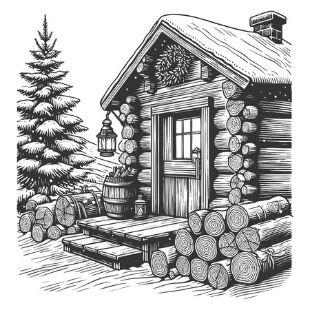 rustic log cabin with a front porch, hanging lanterns, and neatly stacked firewood sketch engraving vector illustration. Scratch board imitation. Black and white image.のイラスト素材