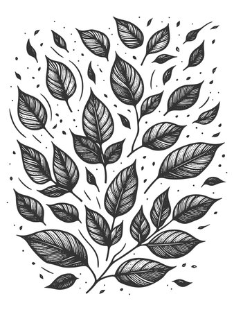 swirling leaves in motion, perfect for seasonal, botanical, or decorative design projects sketch engraving generative ai raster illustration. Scratch board imitation. Black and white image.の素材