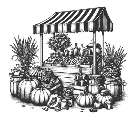 farmers market stand displaying fresh vegetables, pumpkins, jars of preserves, and herbs under a striped canopy sketch engraving vector illustration. Scratch board. Black and white imageのイラスト素材