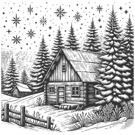 rustic log cabin surrounded by tall pine trees and snow, with a wooden fence in the foreground sketch engraving vector illustration. Scratch board imitation. Black and white image.のイラスト素材