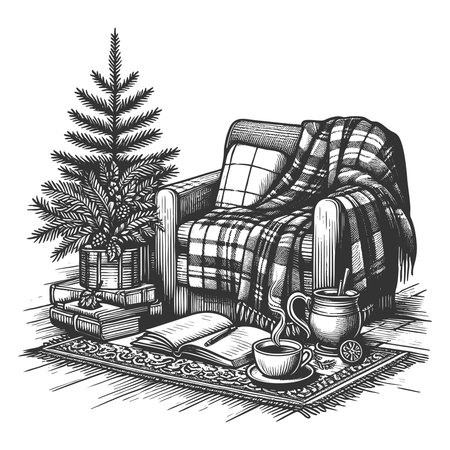 cozy reading corner featuring an armchr, lamp, side tables, books, plants, and framed artwork sketch engraving vector illustration. Scratch board imitation. Black and white image.のイラスト素材