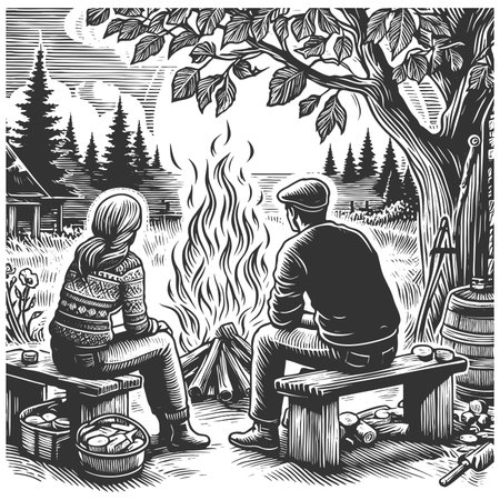 couple sitting by a campfire outside a rustic cabin, nature sketch engraving fictional character raster illustration. Scratch board. Black and white image.の写真素材