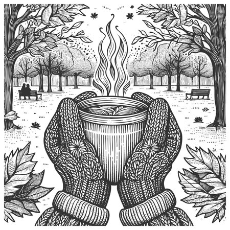 gloved hands holding a hot steaming drink, surrounded by autumn leaves and knitted items sketch engraving vector illustration. Scratch board imitation. Black and white image.のイラスト素材