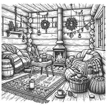 warm and inviting log cabin living room, detled homey decor sketch engraving vector illustration. Scratch board imitation. Black and white image.のイラスト素材