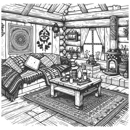 warm and inviting log cabin living room, detled homey decor sketch engraving vector illustration. Scratch board imitation. Black and white image.のイラスト素材