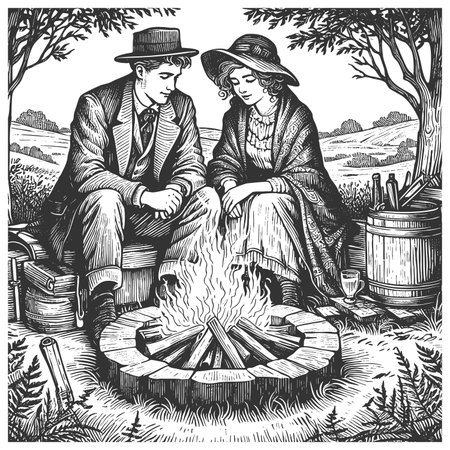 couple sitting by a campfire outside a rustic cabin, nature sketch engraving fictional character...