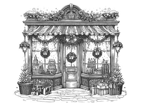 shop decorated for Christmas, featuring wreaths, reindeer figures, garlands, and wrapped gifts outside sketch engraving vector illustration. Scratch board. Black and white image.のイラスト素材