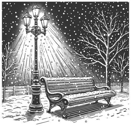 snow-covered park bench under a glowing lamppost on a winter night with falling snow sketch engraving vector illustration. Scratch board imitation. Black and white image.のイラスト素材