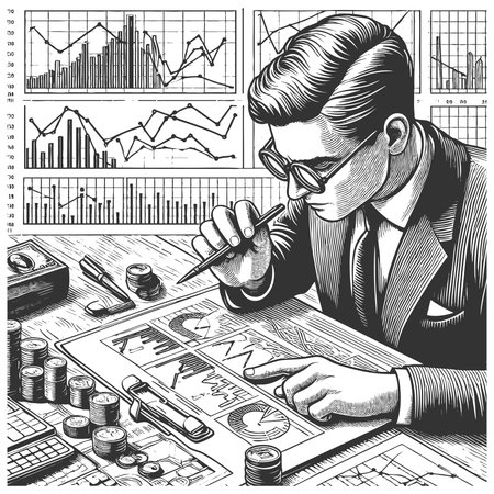 businessman in glasses examining financial charts and graphs with coins stacked on desk sketch engraving fictional character vector illustration. Scratch board imitation. Black and whiteのイラスト素材