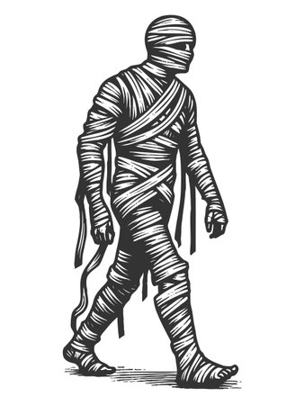 creepy mummy monster covered in tattered bandages, walking forward in a frightening Halloween theme sketch engraving vector illustration. Scratch board imitation. Black and white image.のイラスト素材