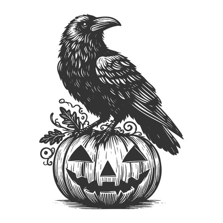 raven standing beside a carved jack-o-lantern pumpkin with bats flying in background sketch engraving vector illustration. Scratch board imitation. Black and white image.のイラスト素材