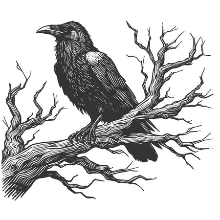 raven sitting on a bare tree branch, symbolizing mystery, gothic themes, and darkness sketch engraving vector illustration. Scratch board imitation. Black and white image.のイラスト素材