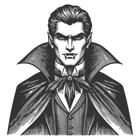 vampire with sharp fangs, dramatic collar, and cape, symbolizing gothic horror and Halloween sketch engraving generative ai fictional character vector illustration. Scratch board. Black and white.の素材