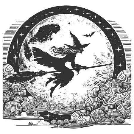 witch in a hat and cape riding a broomstick with the full moon behind her sketch engraving fictional character vector illustration. Scratch board imitation. Black and white image.のイラスト素材