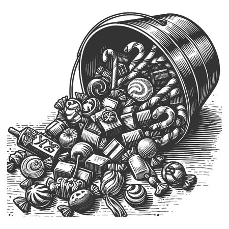 Halloween striped bucket overflowing with wrapped sweets and lollipops, symbolizing candy and treats sketch engraving vector illustration. Scratch board imitation. Black and white image.のイラスト素材