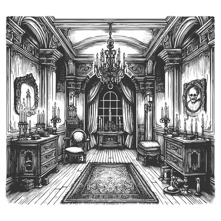 richly decorated Victorian room with chandeliers, clocks, rugs, and antique wooden furniture sketch engraving raster illustration. Scratch board imitation. Black and white image.の写真素材