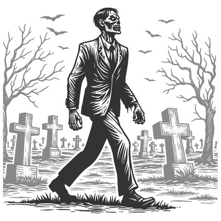 zombie in a suit wandering through a spooky graveyard with tombstones, bats, and bare trees sketch engraving fictional character vector illustration. Scratch board. Black and white imageのイラスト素材