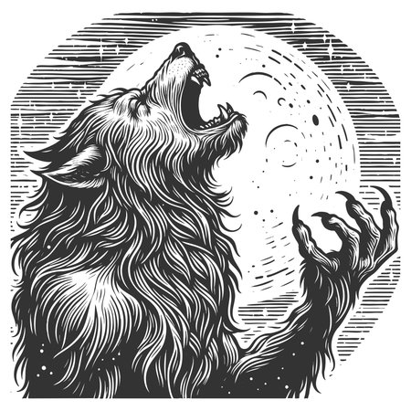 wolf standing on grass, howling at a large full moon in a dramatic night scene sketch engraving...