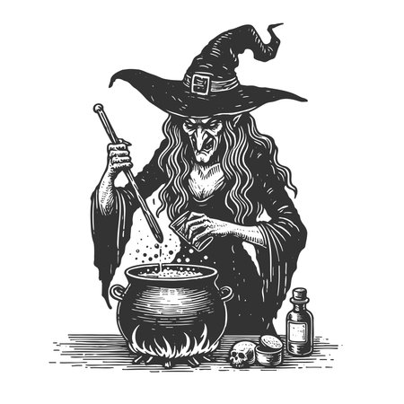 wicked witch in a hat stirring a bubbling cauldron, surrounded by bats and magic sketch engraving fictional character vector illustration. Scratch board imitation. Black and white image.のイラスト素材