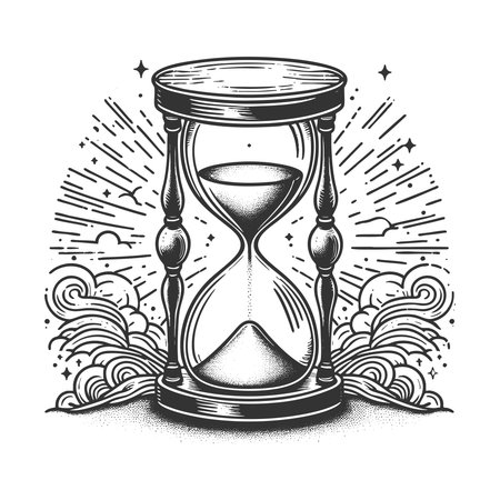 hourglass with flowing sand, surrounded by decorative rays, stars, and waves symbolizing time sketch...