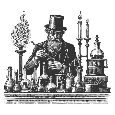 old alchemist working in a laboratory surrounded by flasks, scales, and mysterious equipment sketch engraving fictional character raster illustration. Scratch board. Black and white.の写真素材