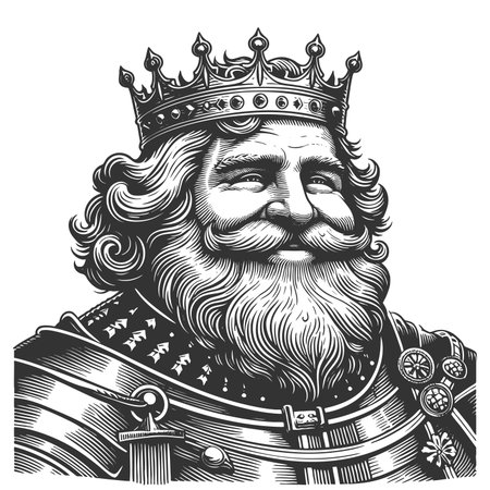 smiling bearded king wearing a crown and ornate armor, symbolizing royalty, leadership, heritage...