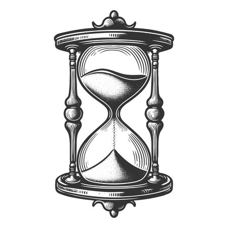 hourglass with flowing sand, surrounded by decorative rays, stars, and waves symbolizing time sketch...