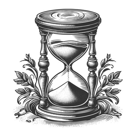 hourglass with flowing sand, surrounded by decorative rays, stars, and waves symbolizing time sketch...