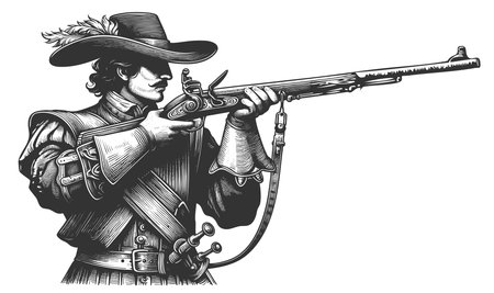 historical musketeer holding a rifle, wearing armor and feathered hat, classic European warfare...