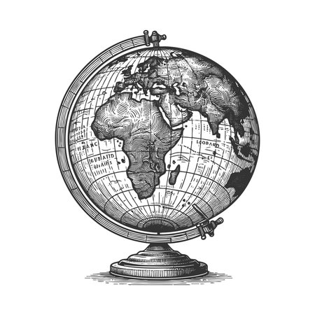 classic world globe on a stand, highlighting continents and geography in retro style sketch engraving vector illustration. Scratch board imitation. Black and white image.のイラスト素材