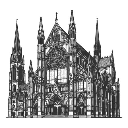 grand gothic cathedral facade with pointed spires, ornate arches, and a large rose window sketch engraving vector illustration. Scratch board imitation. Black and white image.のイラスト素材