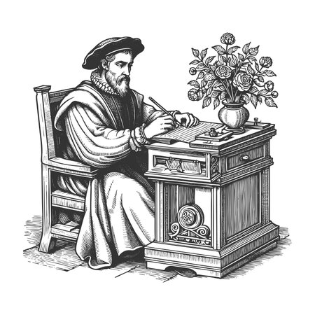 Renssance scribe seated at a desk, writing with quill on parchment, symbolizing knowledge, history, and scholarship sketch engraving raster illustration. Scratch board. Black and whiteの写真素材