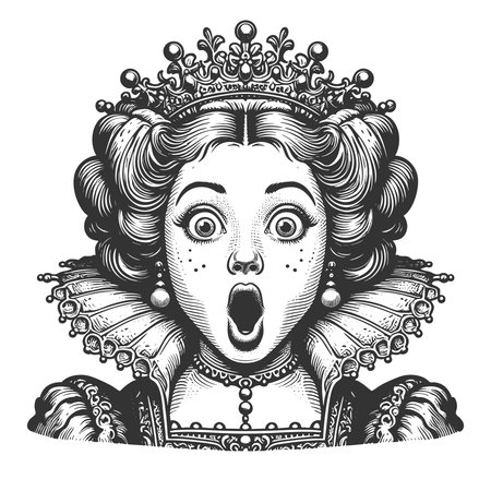 royal queen wearing an ornate crown and jewelry, with wide eyes and surprised expression sketch engraving fictional character vector illustration. Scratch board. Black and white image.のイラスト素材