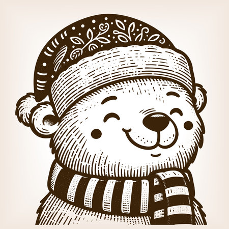 Adorable smiling bear cub in red Santa Claus hat, surrounded by snowflakes, perfect for festive holiday themes sketch engraving vector illustration. Scratch board. Black and white image.のイラスト素材