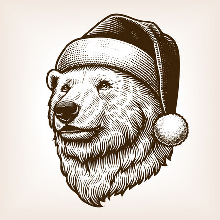 polar bear dressed in a red Santa Claus hat, combining festive holiday charm with wildlife artistry sketch engraving vector illustration. Scratch board imitation. Black and white image.のイラスト素材