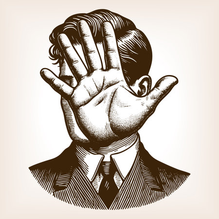 surreal illustration of a man in suit with a large hand as his face, symbolizing creativity and absurdity sketch engraving vector illustration. Scratch board imitation. Black and white.のイラスト素材
