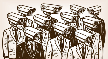 men in suits with security cameras as heads, symbolizing surveillance, control, privacy issues, and...