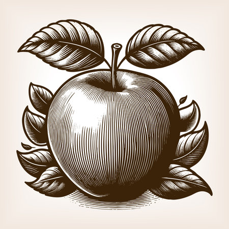 apple surrounded by detled leaves, drawn in a traditional engraving technique sketch engraving fictional character vector illustration. Scratch board imitation. Black and white image.のイラスト素材