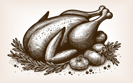 whole roasted chicken served on a platter with herbs, representing traditional food and classic cuisine sketch engraving vector illustration. Scratch board imitation. Black and white.のイラスト素材
