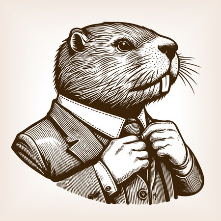 beaver dressed in a formal suit, humorously portrayed as a businessman adjusting his tie sketch engraving fictional character raster illustration. Scratch board. Black and white image.の写真素材