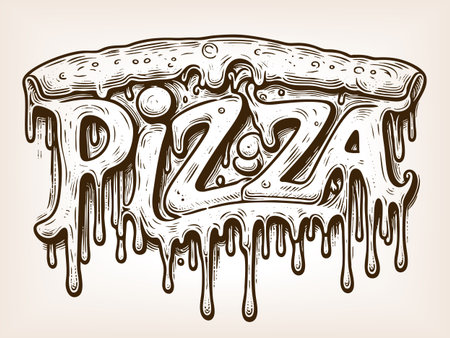 word PIZZA designed with melting cheese and pepperoni, symbolizing food art, fast food, and creativity sketch engraving vector illustration. Scratch board imitation. Black and white.のイラスト素材