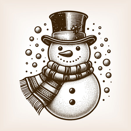 cheerful snowman wearing a top hat and scarf surrounded by snowflakes, symbolizing winter and Christmas sketch engraving vector illustration. Scratch board imitation. Black and white.のイラスト素材