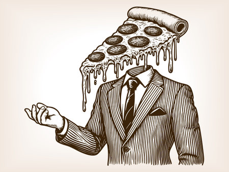 man in a suit with a melting pepperoni pizza slice as his head, surreal food art concept sketch engraving fictional character vector illustration. Scratch board. Black and white image.のイラスト素材