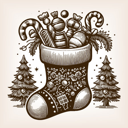 Christmas stocking filled with candy, sweets, and festive treats, symbolizing holiday joy and tradition sketch engraving vector illustration. Scratch board imitation. Black and whiteのイラスト素材