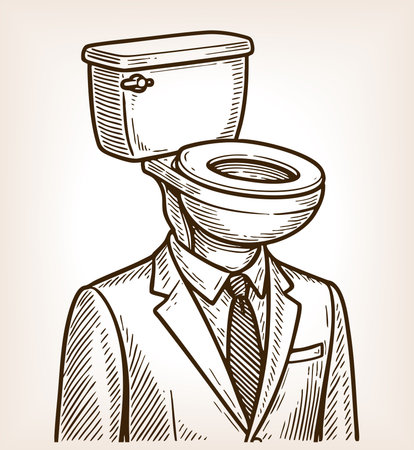 man in a suit with a toilet as his head, symbolizing absurd humor, satire, and creative concepts sketch engraving generative ai fictional character raster illustration. Scratch board. Black and white.の素材