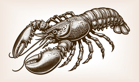 lobster with claws and segmented body, symbolizing seafood, marine life, and oceanic delicacies sketch engraving vector illustration. Scratch board imitation. Black and white image.のイラスト素材