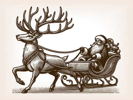 Santa Claus in a sleigh pulled by a reindeer, carrying gifts, symbolizing traditional Christmas celebrations sketch engraving generative ai raster illustration. Scratch board. Black and white image.の素材
