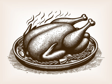 whole roasted chicken served on a platter with herbs, representing traditional food and classic cuisine sketch engraving generative ai raster illustration. Scratch board imitation. Black and white.の素材